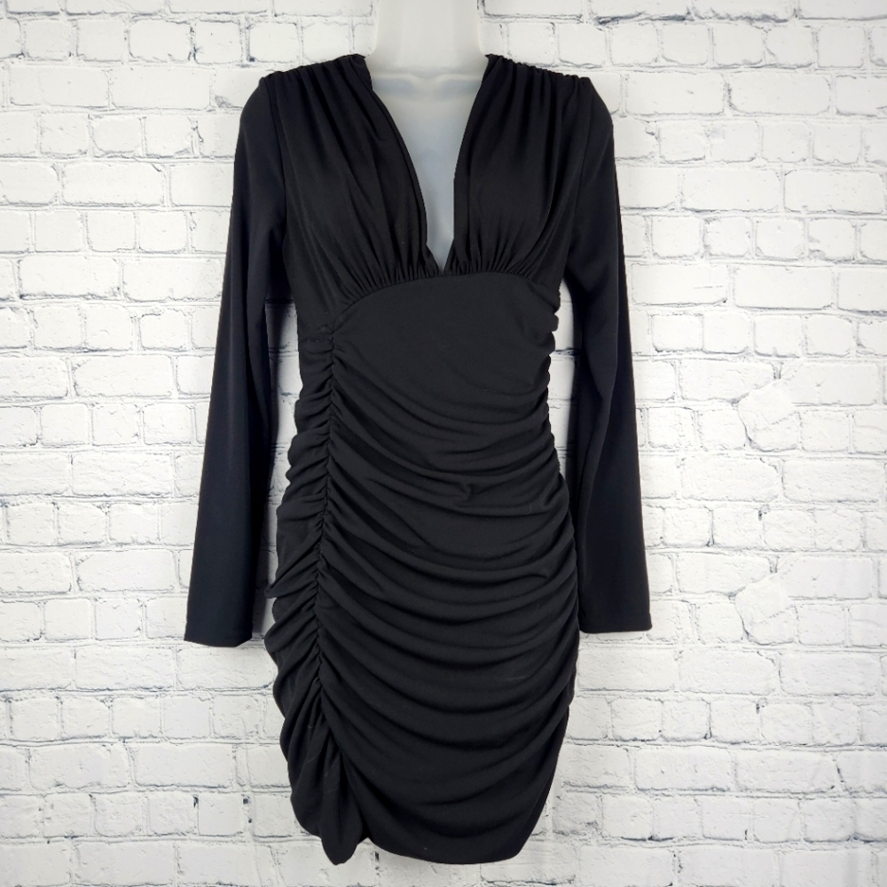 NWT Zara Size XS Black Long Sleeve Ruched Dress